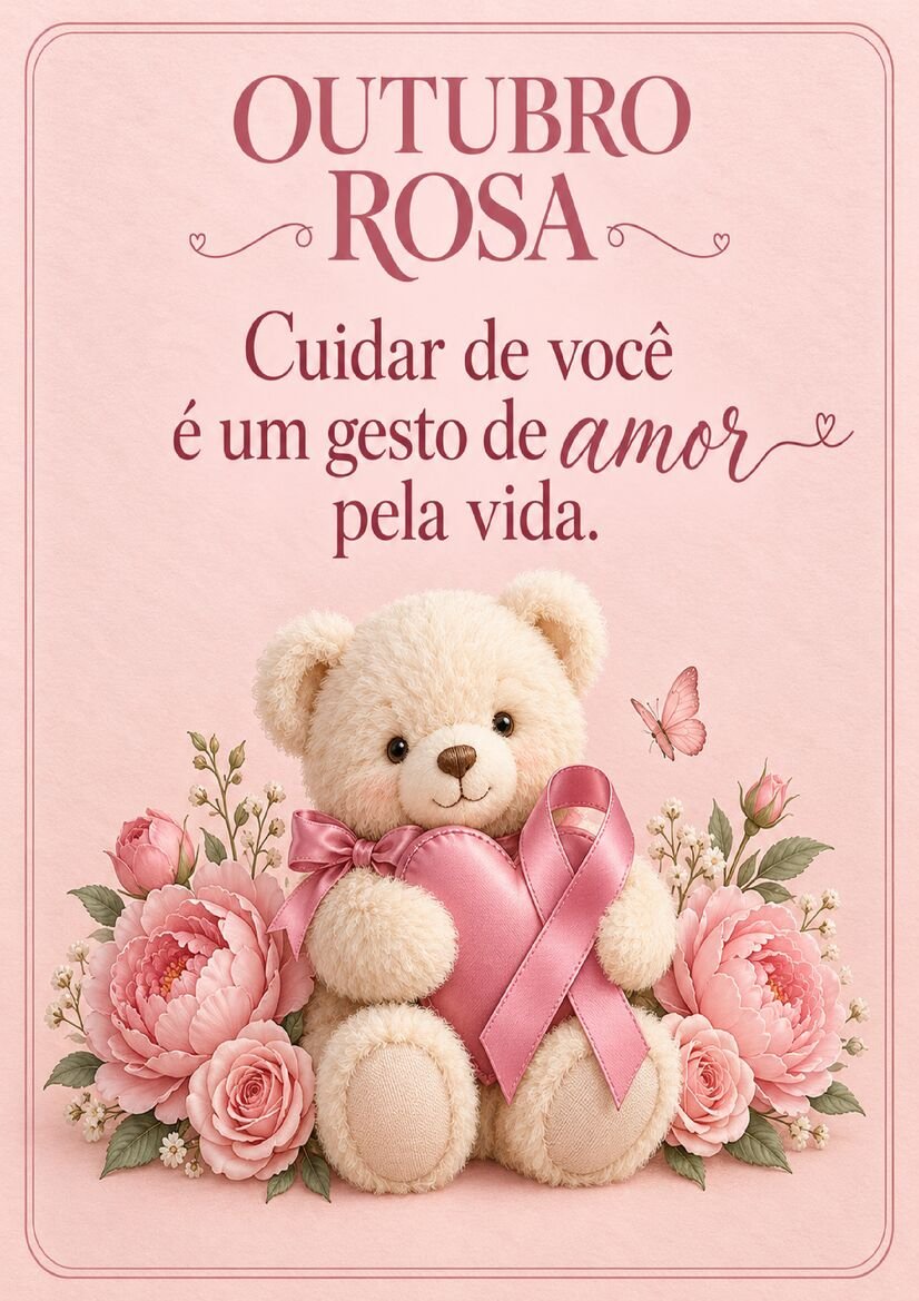 Imagem Outubro Rosa com ursinho de pelúcia segurando coração e laço rosa, entre flores, com frase sobre cuidar de si